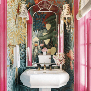 Small bathroom with jungle style wallpaper and a mirror.