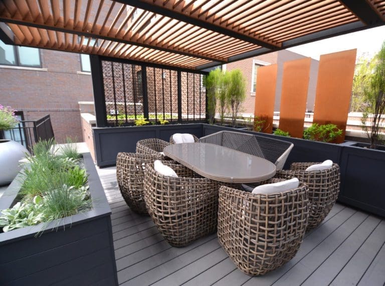 Outdoor oblong table dining area.