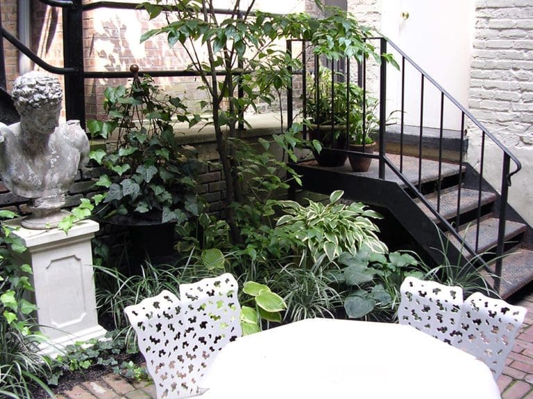 Outdoor table for dining with greenery around.