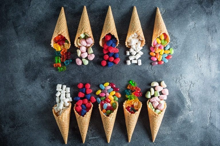 Campfire Dessert Cones filled with various treats and candies.