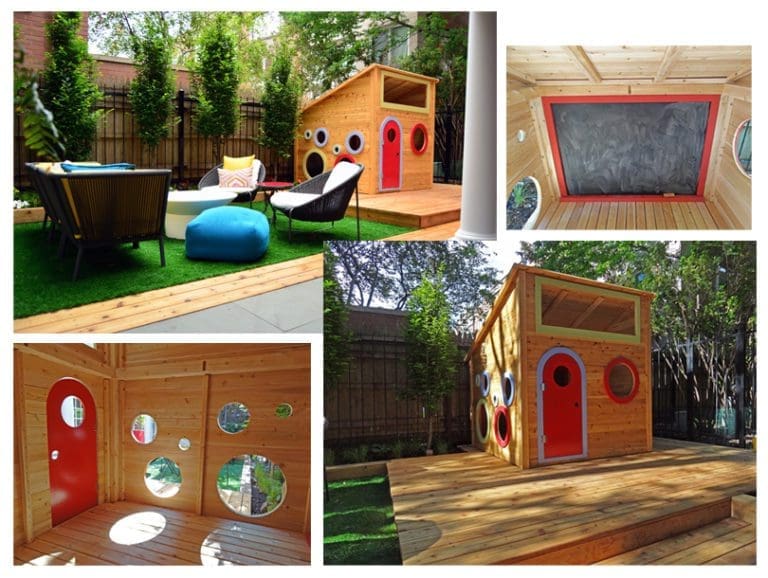Outdoor kids' play area with a play house with circular windows.