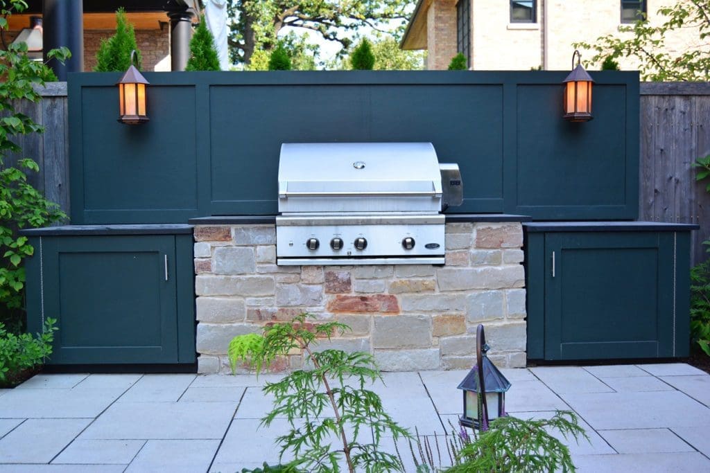Outdoor kitchen with lighting.