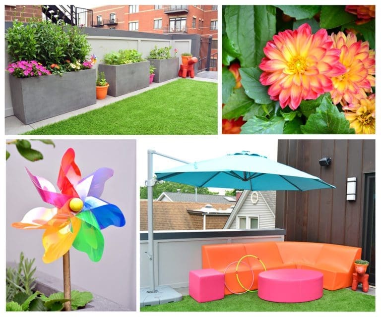 Fun outdoor patio area with bright, neon colors.
