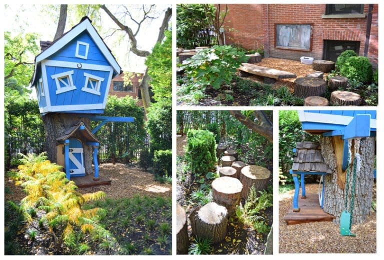 Collage of photos of a kids' outdoor play area with a fun blue treehouse.