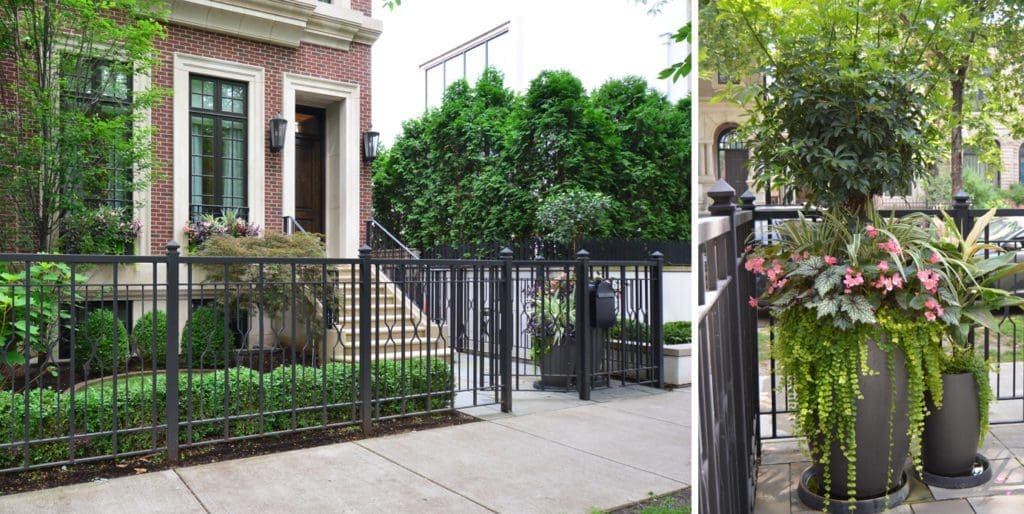 Fragale front yard display with metal fencing and lush greenery.