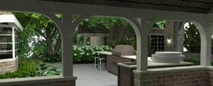 3D rendering of an outdoor patio with a covered area and an outdoor kitchen.