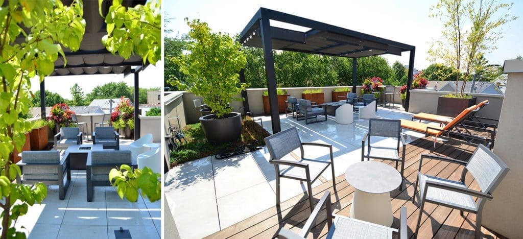 Aluminum Pergola on a roof top deck with seating beneath.