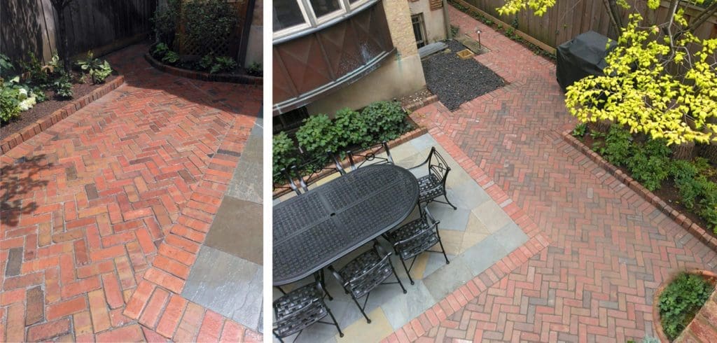 Clay brick paved patio.
