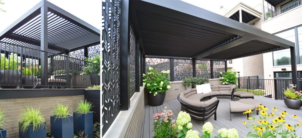 StruXure Pergola over a rounded seating area.