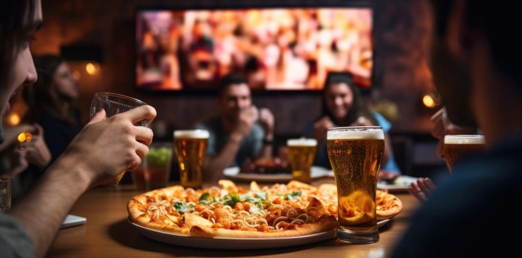 Savoring the Game. Pizza Lovers Enjoying a Bite in a Restaurant with Soccer on TV. AI Generative Scene